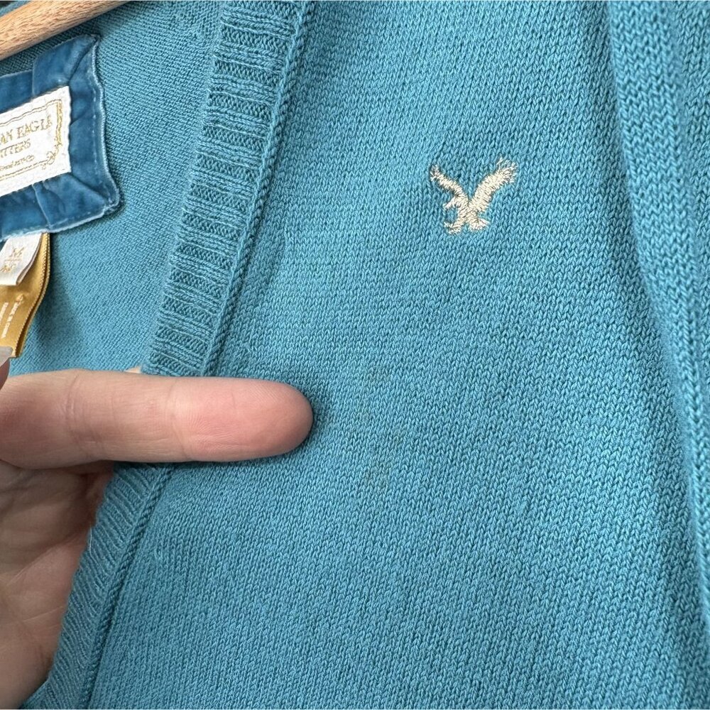 American Eagle Outfitters Women's V-Neck Hooded Sweater M Teal Logo Y2k Preppy - Picture 9 of 12